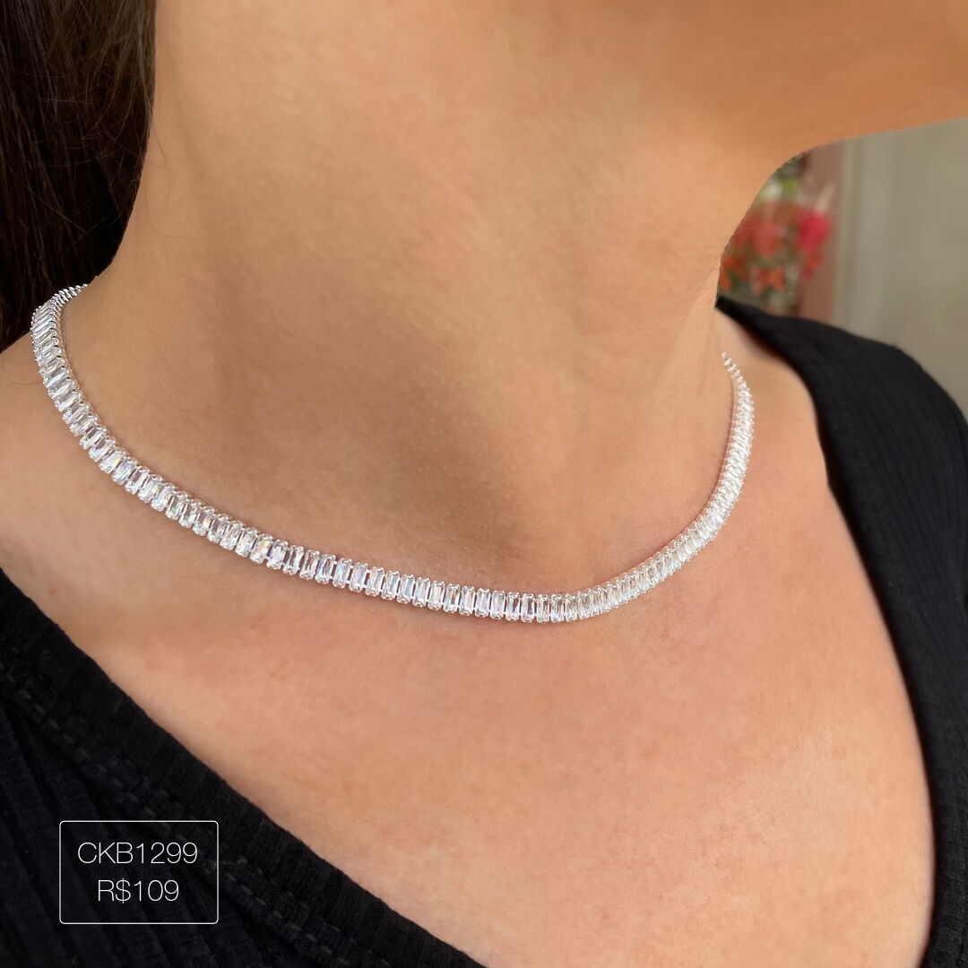 Choker Riviera Baguetes Cristal Prateada